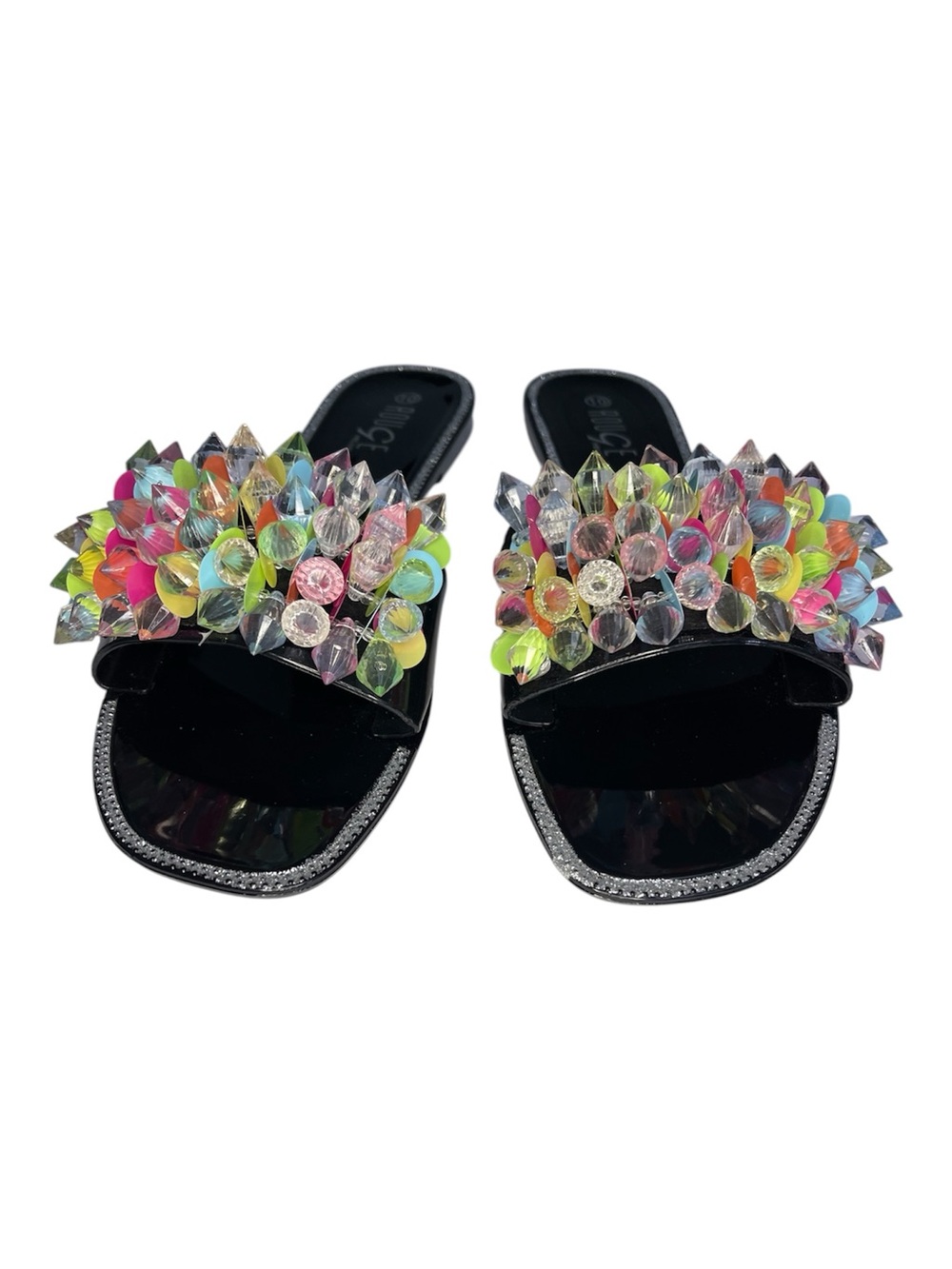 Rouge Helium Slide Sandals Women’s 10 Black Multicolor Jewel Gems Rhinestones - Picture 2 of 14